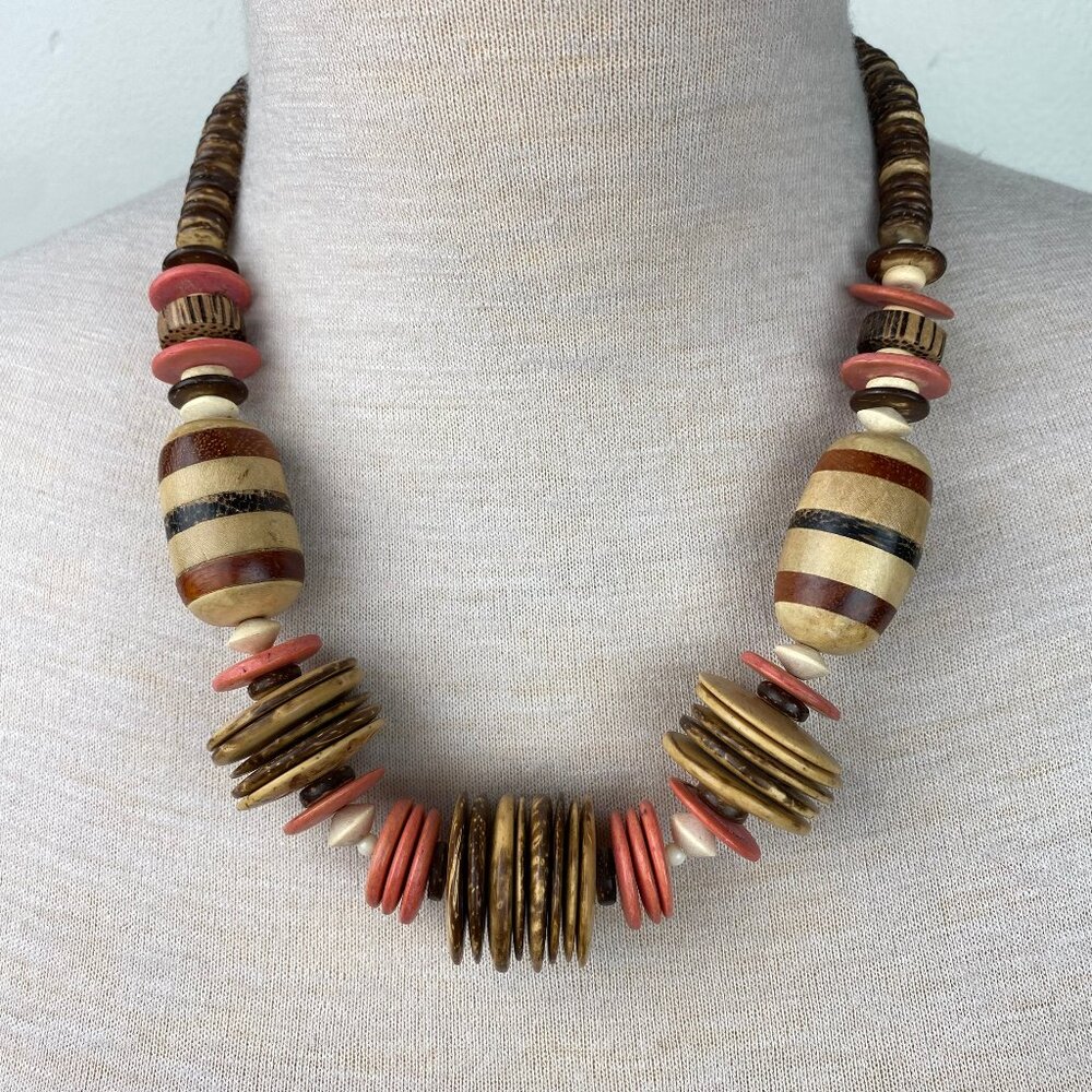 Rustic Boho Wood & Coconut Shell Chunky Necklace Peach 23.5"